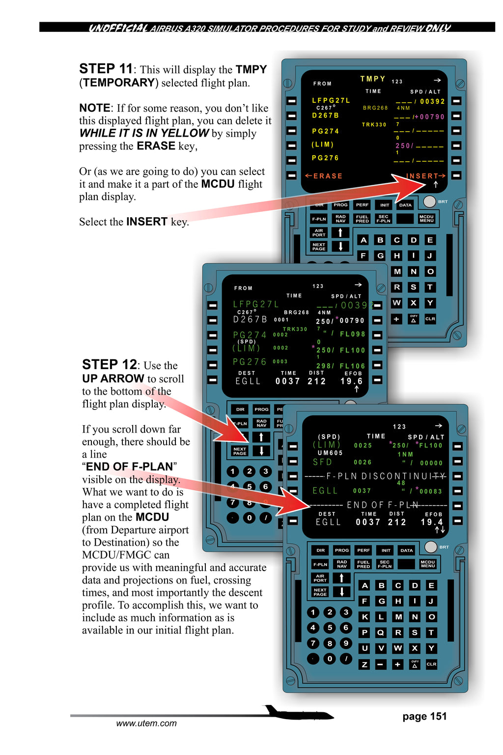 Airbus A320 simulator training page explaining how to insert a temporary flight plan, use ERASE or INSERT, and scroll through the MCDU to confirm END OF F‑PLAN