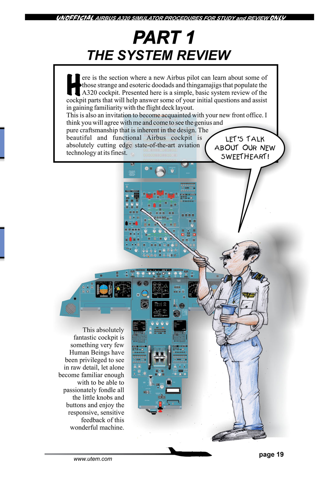 Airbus A320 simulator training page introducing cockpit layout, major control panels, and system familiarization for new pilots
