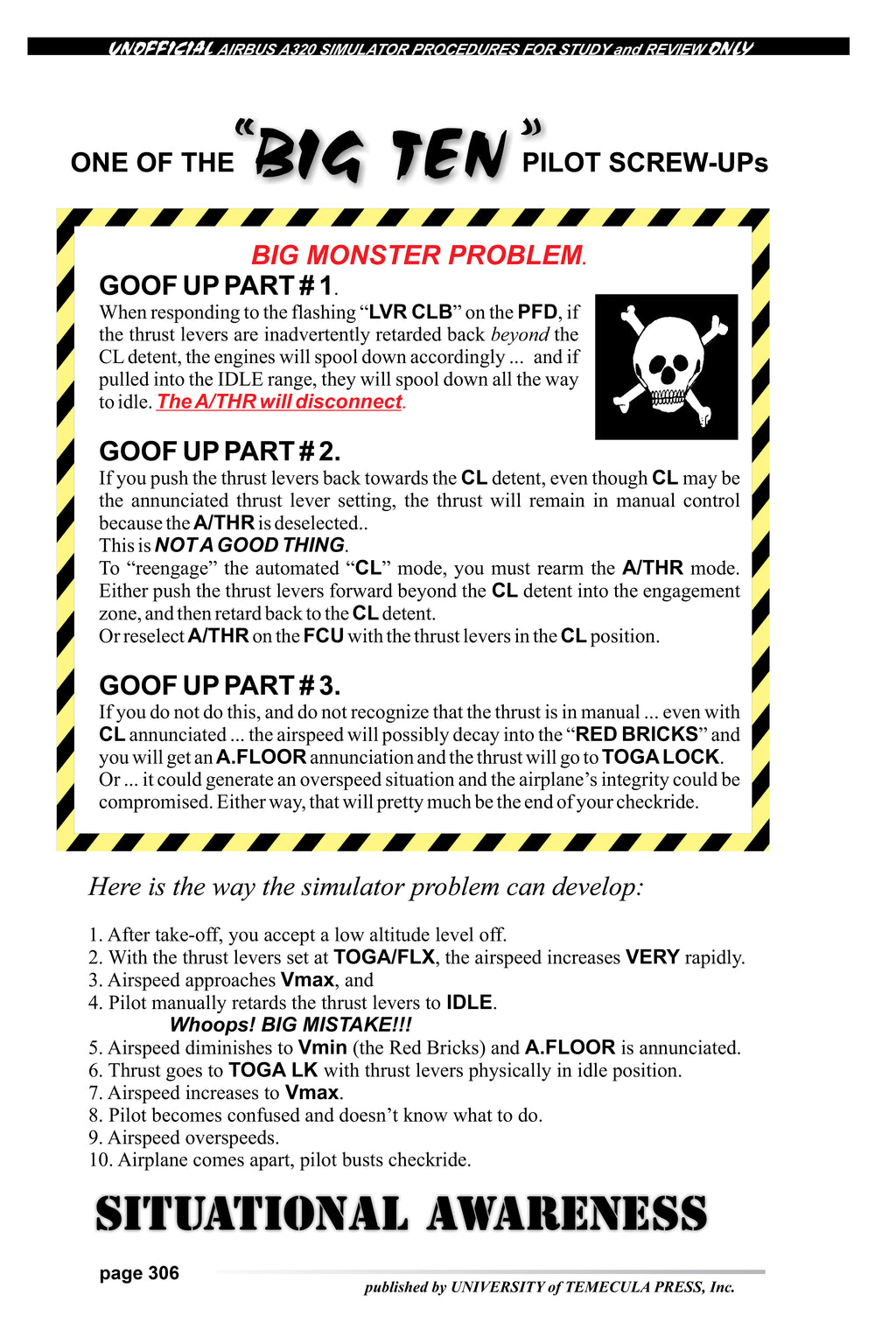 Airbus A320 simulator procedures page detailing common thrust lever mistakes, CL detent mis‑handling, manual thrust mode risks, A.FLOOR triggers, and overspeed consequences