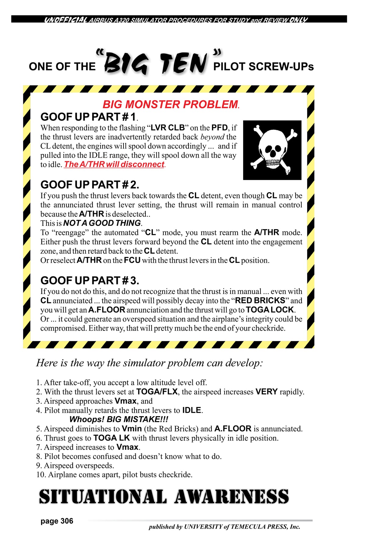 Airbus A320 simulator procedures page detailing common thrust lever mistakes, CL detent mis‑handling, manual thrust mode risks, A.FLOOR triggers, and overspeed consequences
