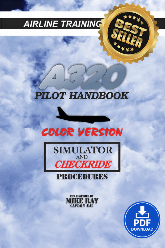 A book cover for the A320 Pilot Handbook Simulator and Checkride Procedures, featuring a blue and white cloud background with a gold 'Best Seller' badge, a black airplane silhouette, and a blue PDF download icon.