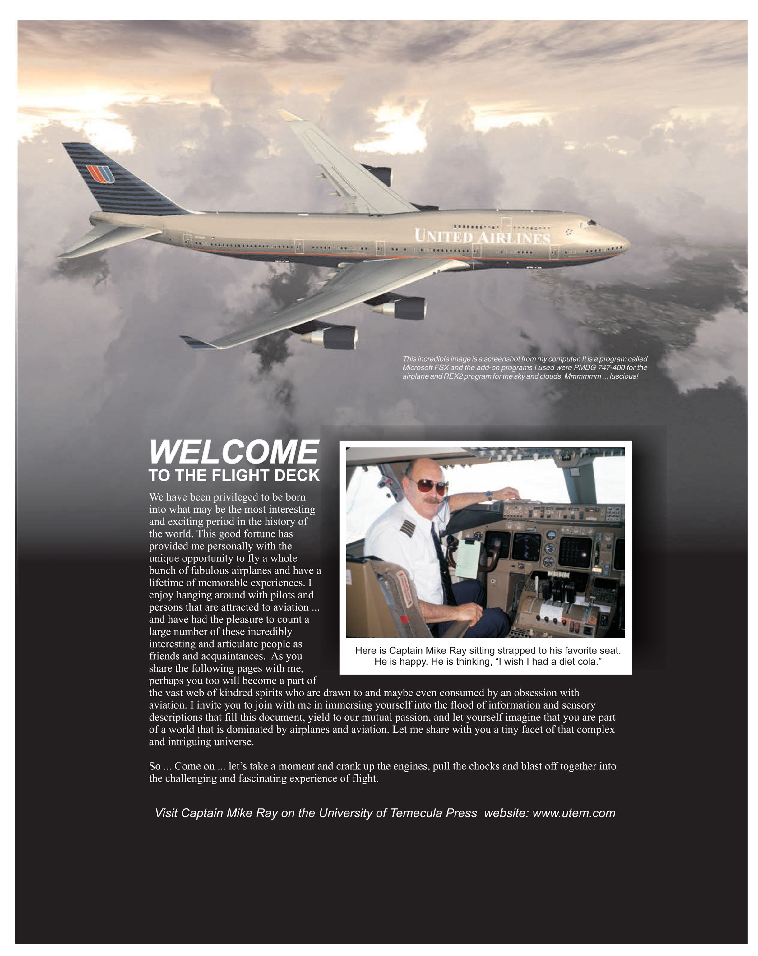 A full-page editorial-style travel feature about a United Airlines Boeing 747, with a large photo of the airplane flying over water, headline text reading 'WELCOME TO THE FLIGHT DECK,' a smaller photo of Mike Ray in the cockpit, and several paragraphs of copy on a dark background.