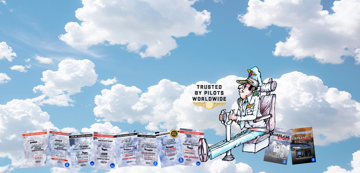 aviation training or certification, featuring a cartoon pilot sitting in a chair against a blue sky with clouds, alongside multiple Captain Mike Ray training pilot handbooks along the bottom. pilot wings with'TRUSTED BY PILOTS WORLDWIDE.
